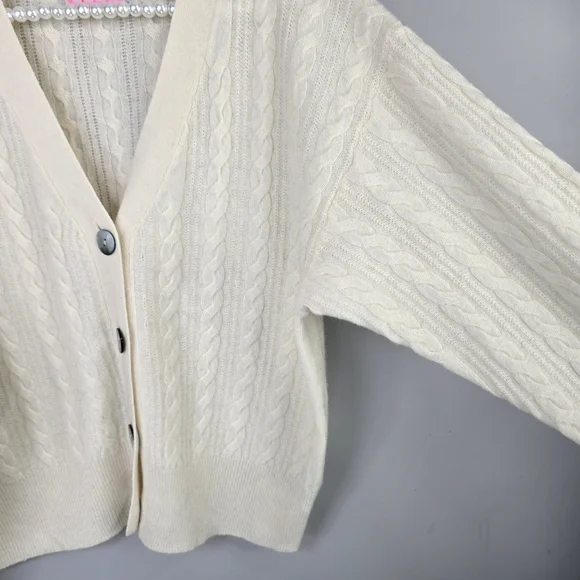 Crush Womens Cashmere Cream Ivory Cable Knit Soft Luxury Cardigan Sweater Top SM